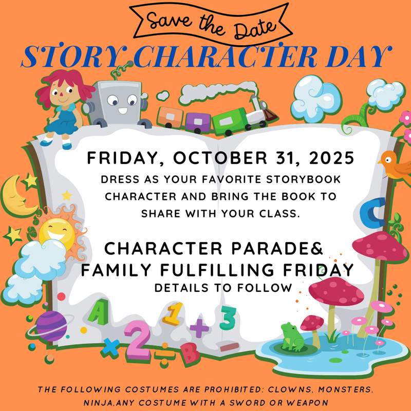 storybook characters on flyer for story character day