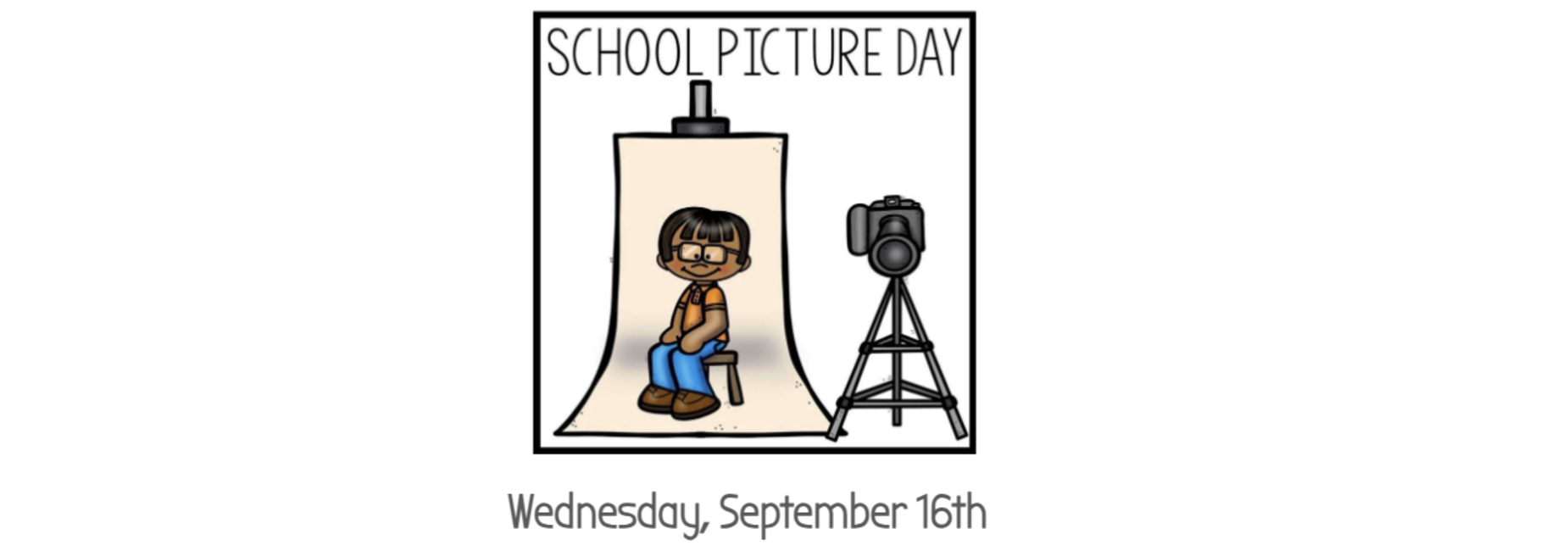 A cartoon of a child sitting for a school picture with a camera nearby.