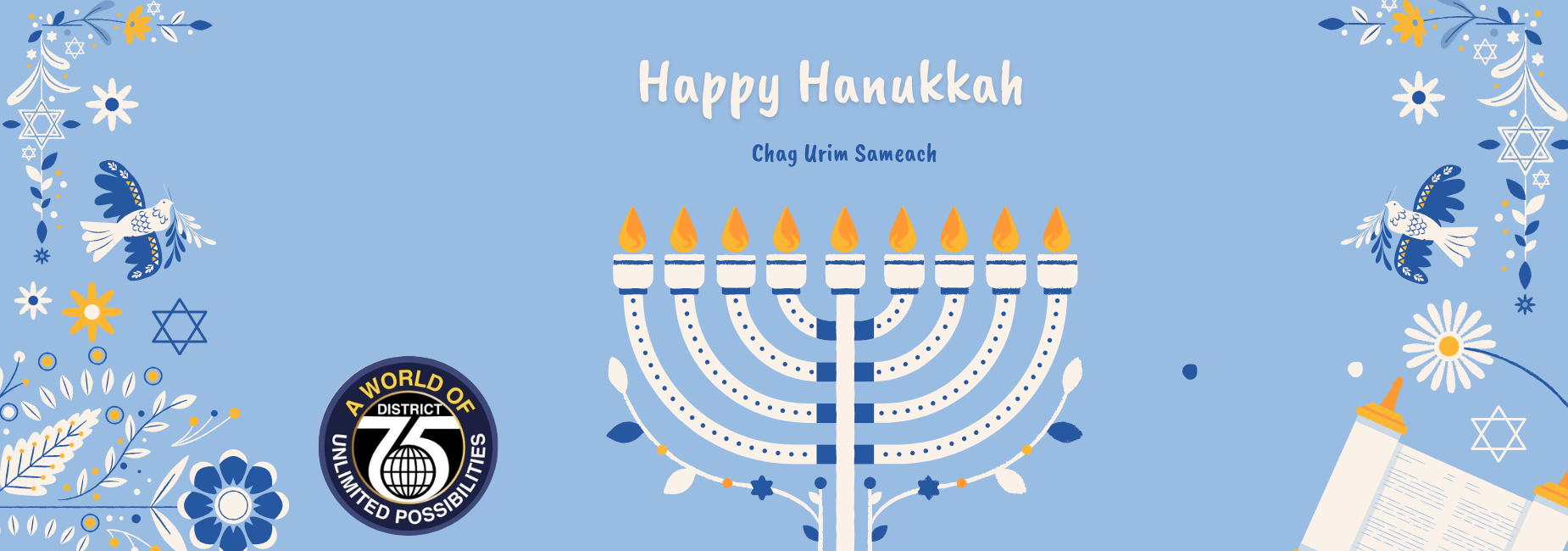 Bright blue background with a menorah and festive Hanukkah elements.