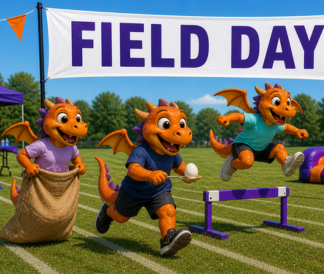 Illustration of dragons playing field games under a sign saying Field Day