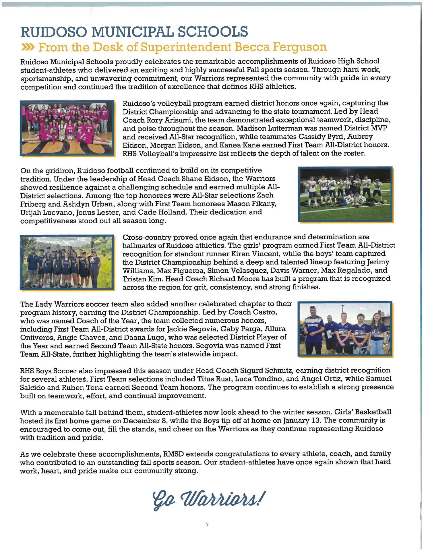 Discussion of Ruidoso High School's sports achievements and student dedication to excellence.
