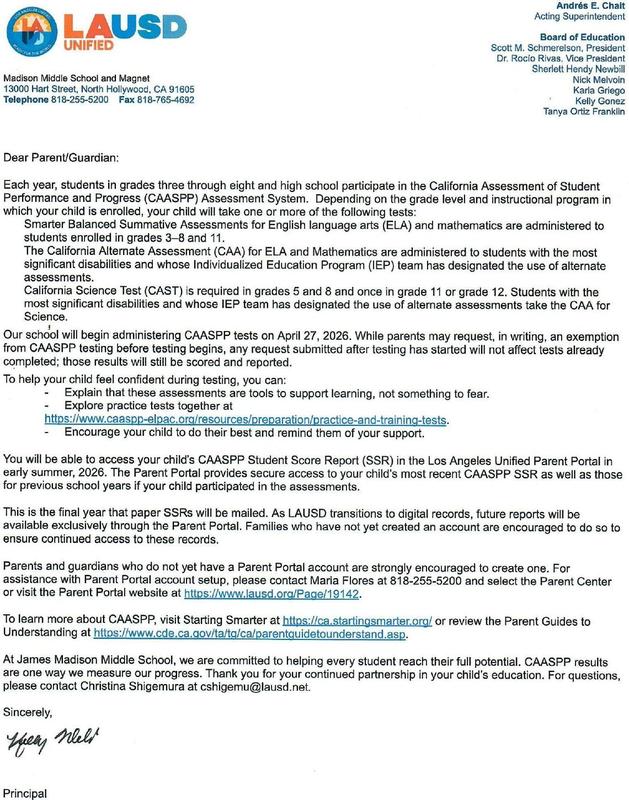 Informational CAASPP Letter for Testing