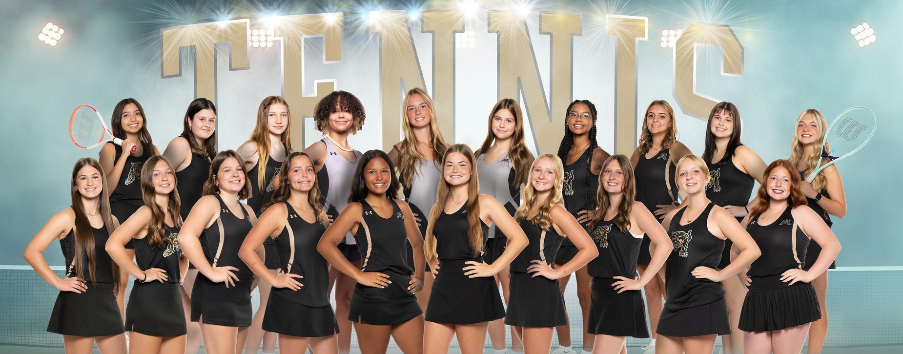 Fredericktown girls' tennis team posing in black uniforms.