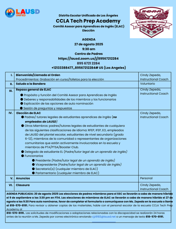 ELAC Meetings for 2025-2026 School Year / Juntas de ELAC para el Año Escolar 2025-2026