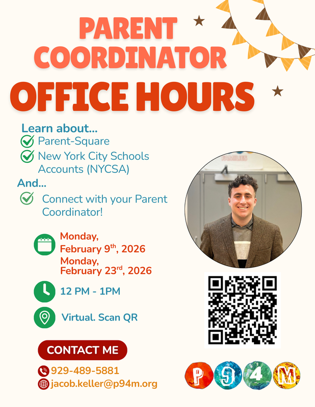 Flyer for a Parent Coordinator office Hours with QR to sign up - English
