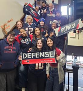 Students and staff dressed for Patriots Spirit Day