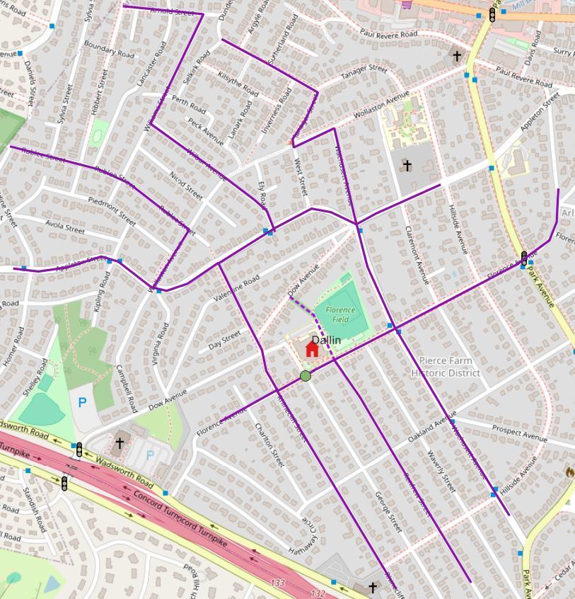 Map of the Dallin Elementary School walking route shown in purple. The route branches through several neighborhood streets around the school - including Waschussett, Renfrew, Rhinecliff, Appleton, Rublee, Williams, Wilbur, Aberdeen, Tanager, and Florence Ave, converging near Dow Avenue and Dallin School. A short dashed segment near Florence Field indicates an unpaved, three-season path. A traffic supervisor post is marked with a green dot near the school, and signalized intersections are marked along Massachusetts Avenue and Park Avenue.