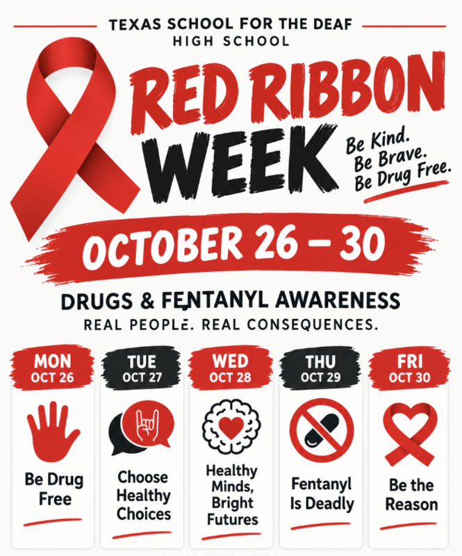 Details on red ribbon week. Images included: a red ribbon, a red hand, talking bubbles with a rock on hand sign, a heart in brain, strikethrough pill, and red ribbon in the shape of a heart.