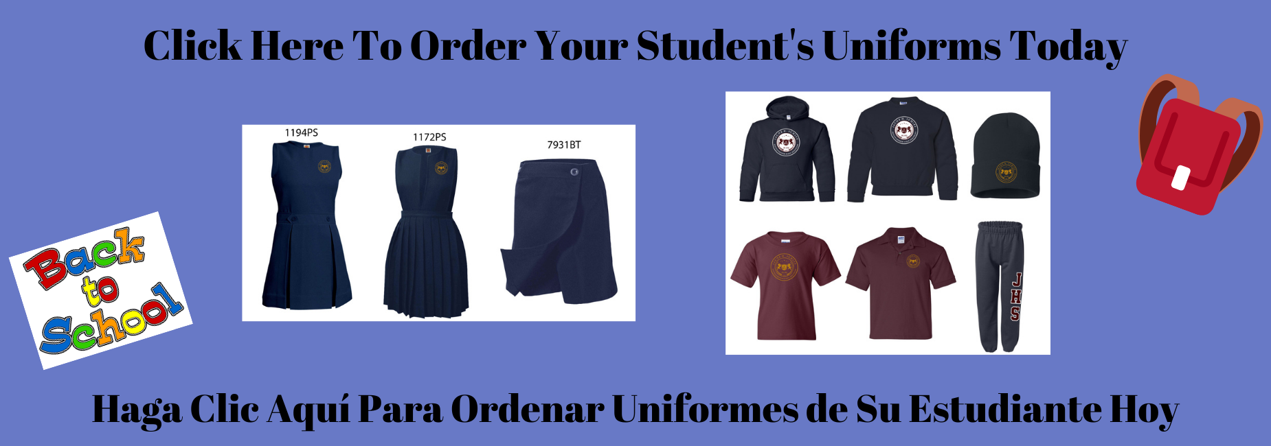 Image of uniforms and message to click to order uniforms