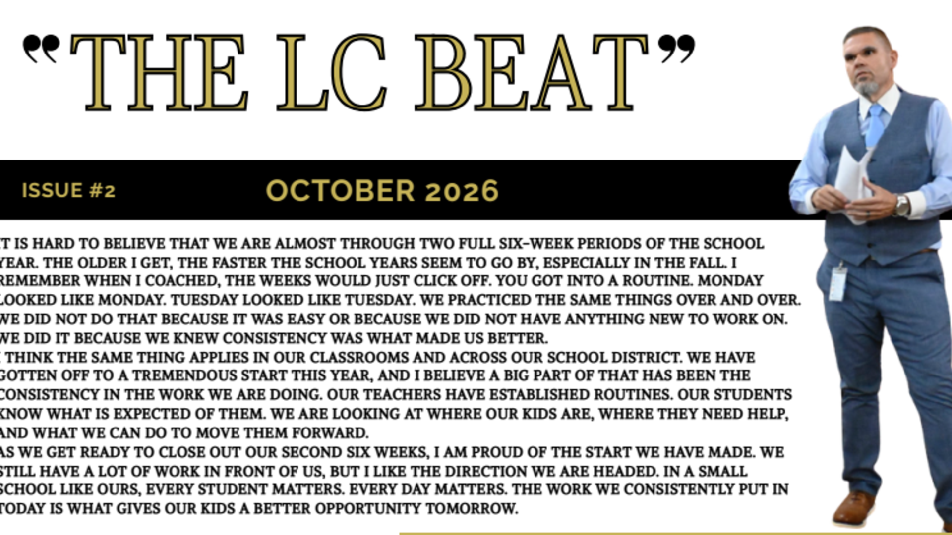 Newsletter titled 'The LC Beat' for October 2026 outlining school progress.