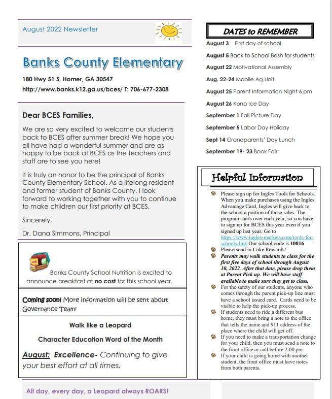 August Newsletter – August Newsletter – Banks County Elementary School