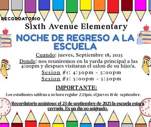 Reminder back to school Night/ Noche de Regreso a la Escuela