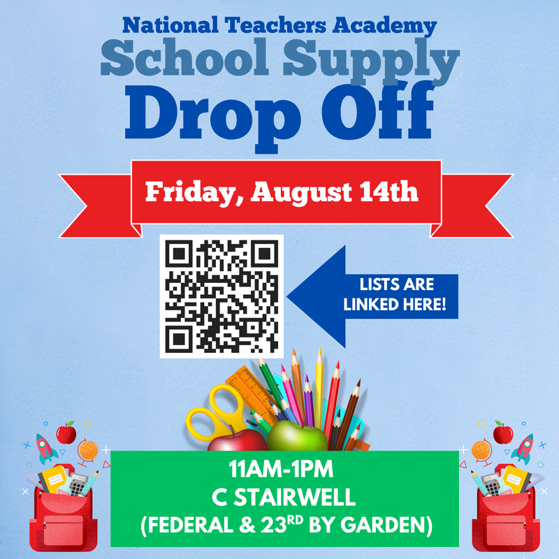Clip art for the August supply drop off on August 14, 2026 from 11am until 1pm.