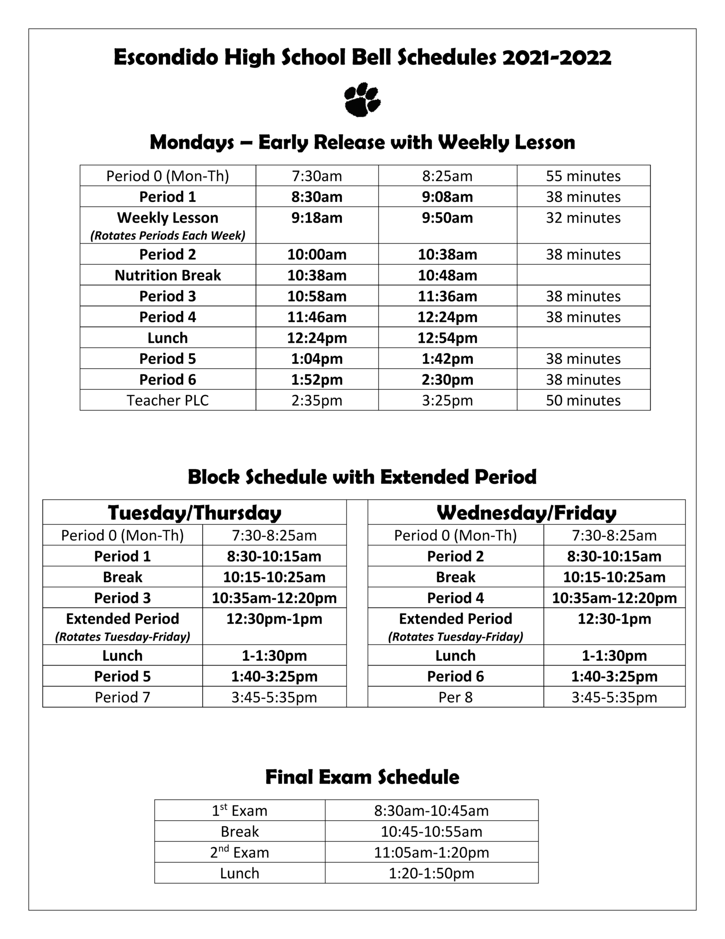 School Calendars and Bell Schedule School Calendar and Bell Schedule