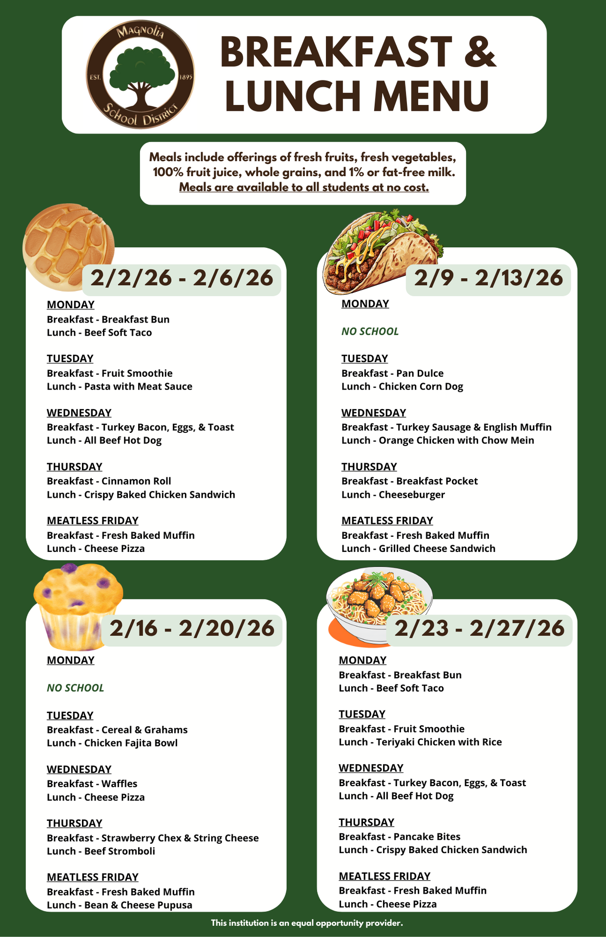 Preschool Breakfast and Lunch Menu for February 2026