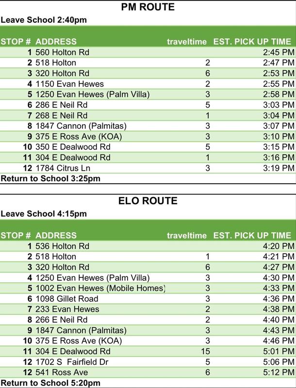 Afternoon/Evening Green Route Schedule