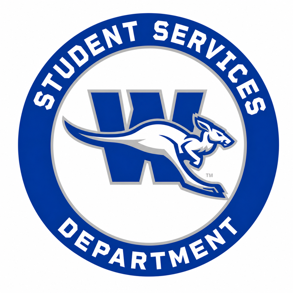 logo with student services written in a circle around the edge with a kangaroo in blue and white