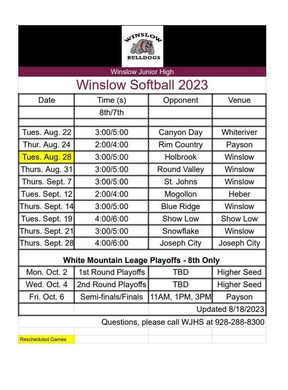 Updated Softball Schedule Winslow Junior High