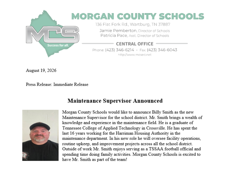 Maintenance Supervisor Announcement