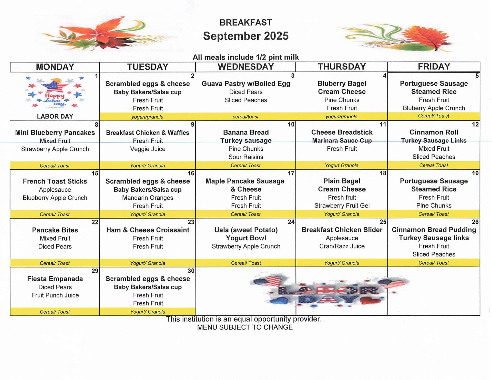 September - Breakfast Menu