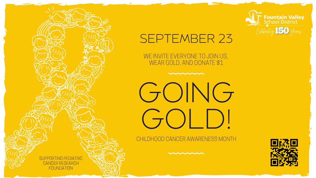 Yellow poster with a ribbon, promoting Childhood Cancer Awareness Month.