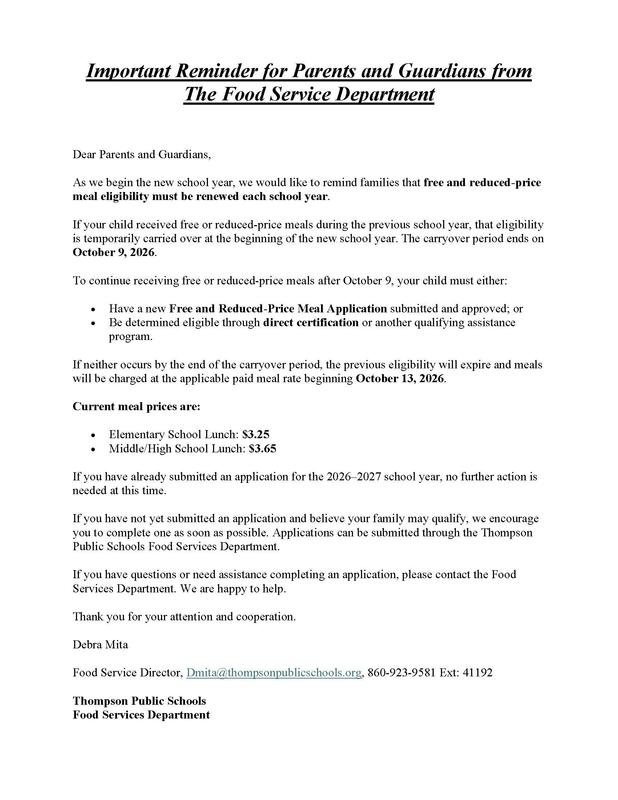 Important Reminder for Parents and Guardians from The Food Service Department