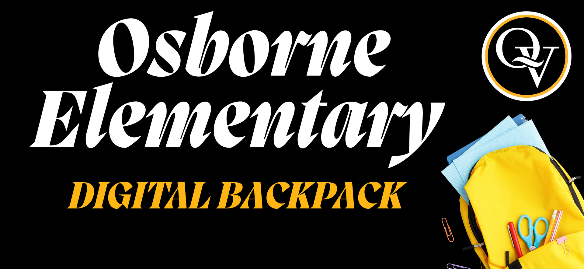 Image states: Osborne Elementary Digital Backpack on a black background with an image of a backpack and school supplies.