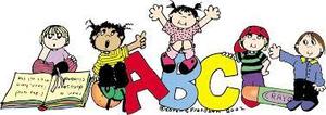 Five cartoon children playfully interacting with colorful letters A, B, C, and a book.