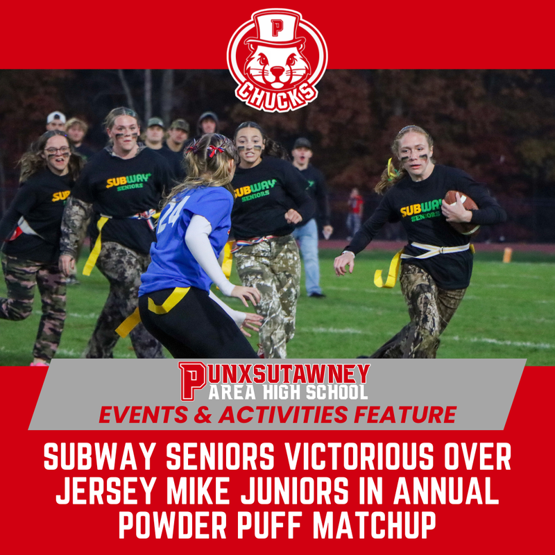 Events and Activities graphic featuring powderpuff football players running the football