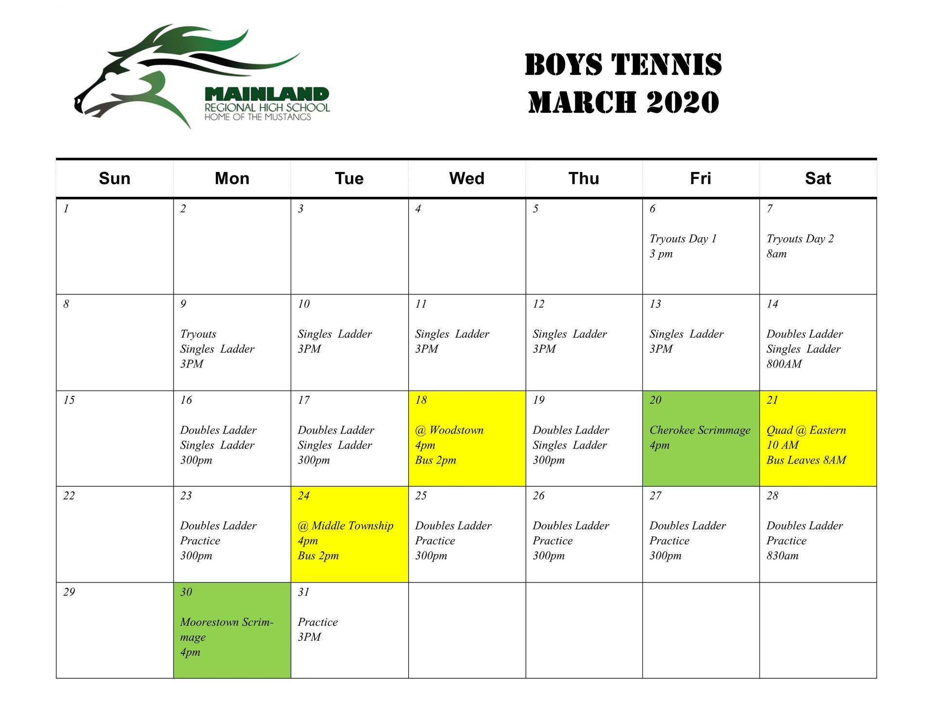 2020 Boys Tennis March Schedule