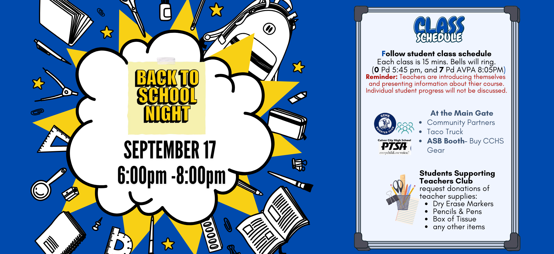 Promotional graphic for Back to School Night with event details and donation request.