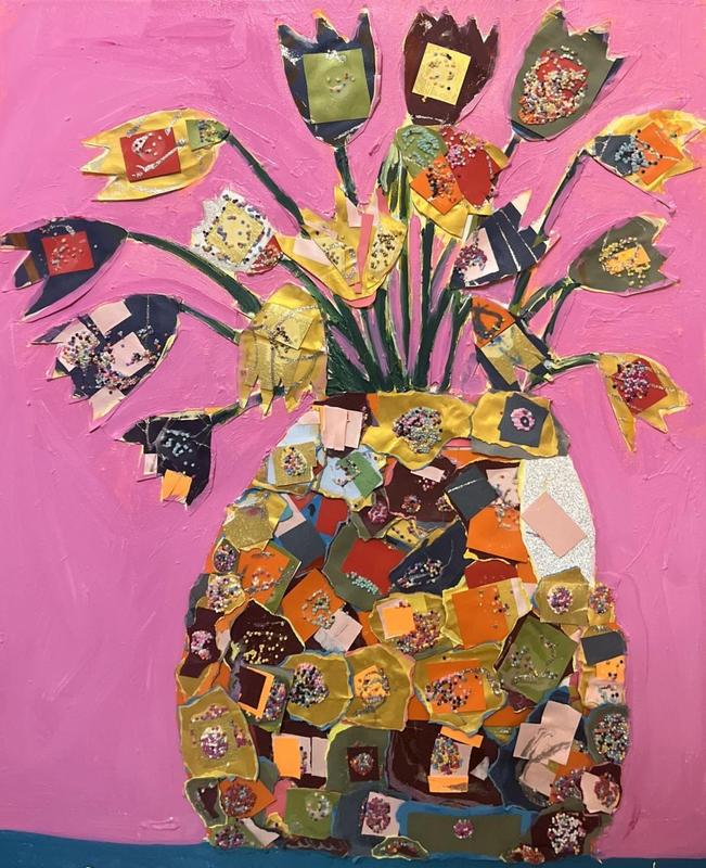 Painting of flowers in vase with pink background