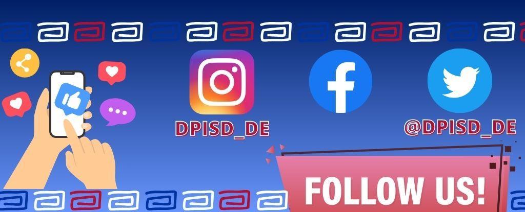 Hands holding a phone with social media icons, promoting DPISD_DE accounts.