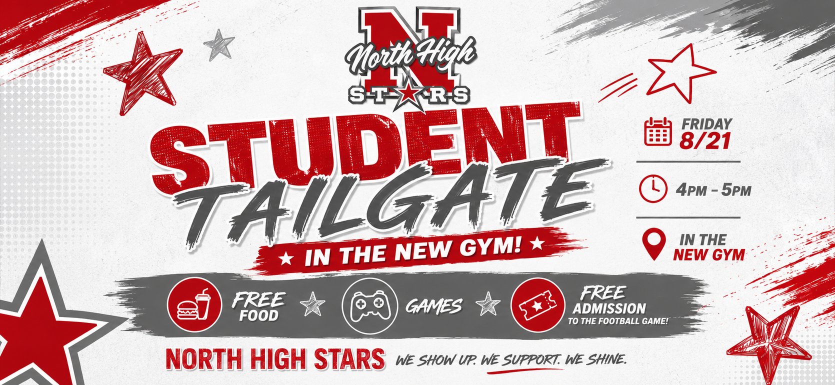 Promotional banner for a student tailgate event with red stars and gym details.