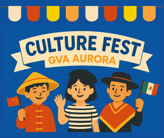 Culture Fest GVA Aurora with illustrated students holding flags and a flag banner