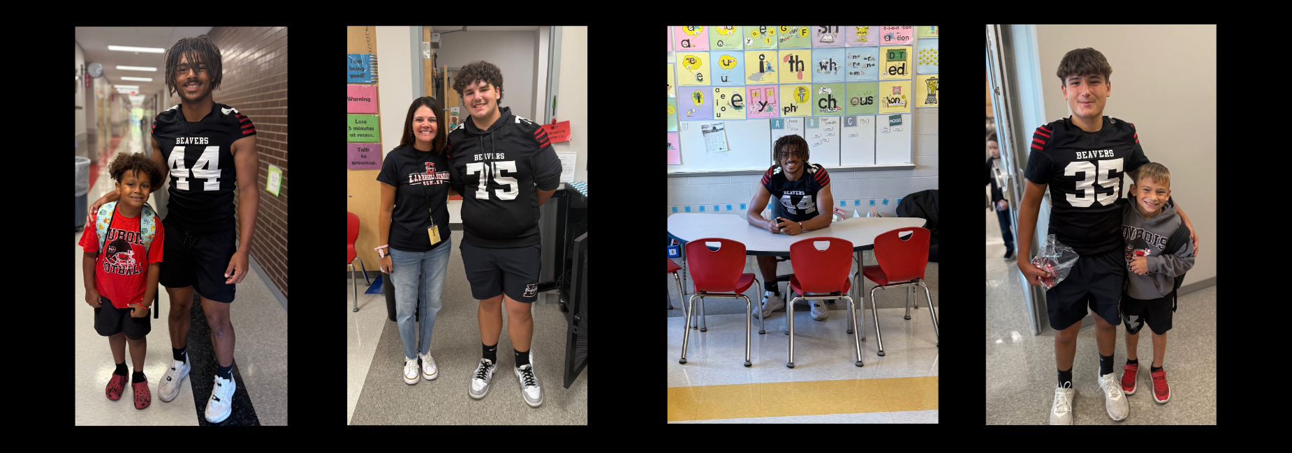 Four images of football players in various school settings and activities.