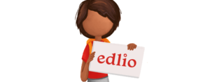 A character holding a sign that reads 'edlio', featuring a friendly pose.