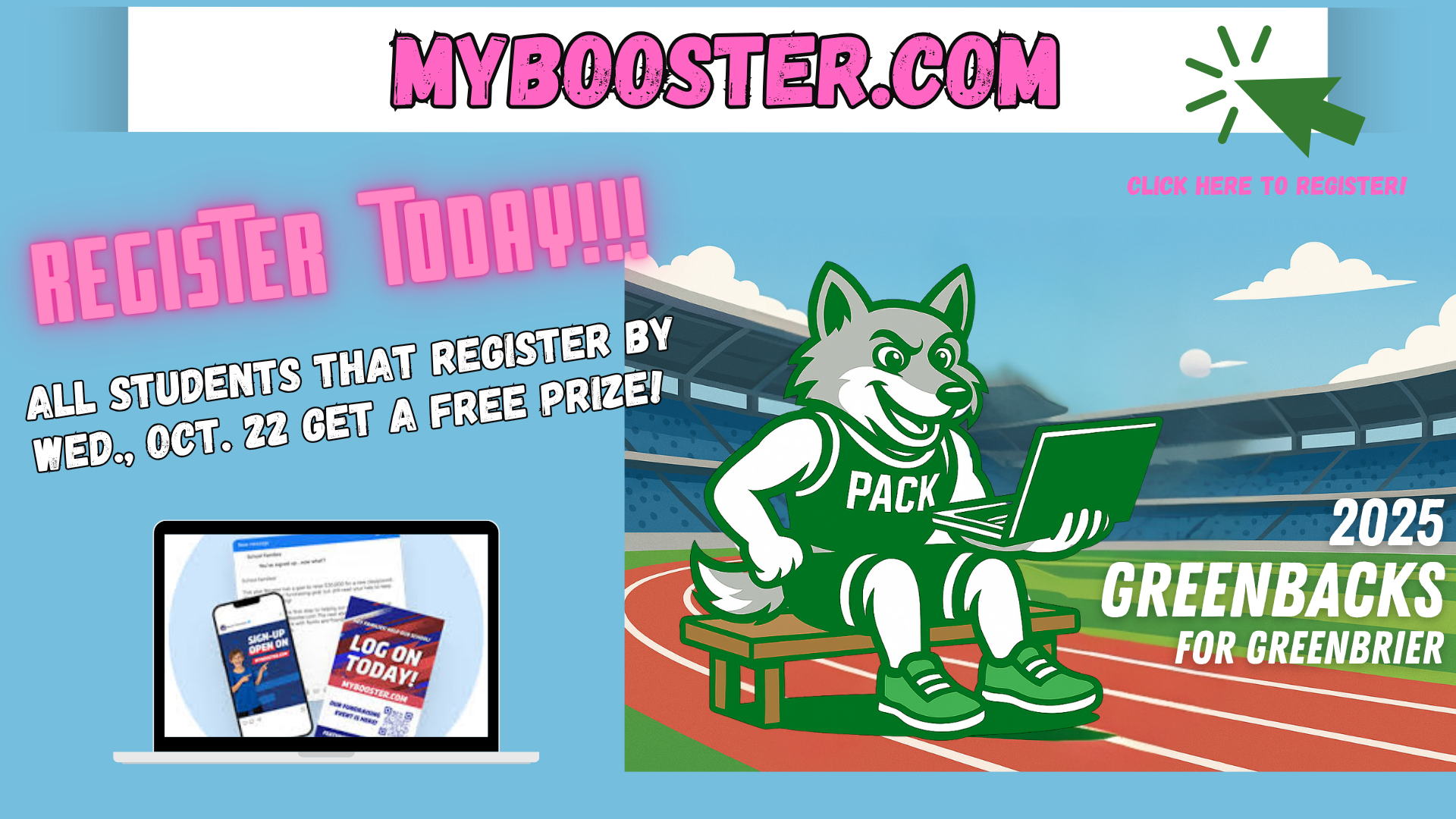 Graphic promoting student fun run registration with a wolf mascot and event details.