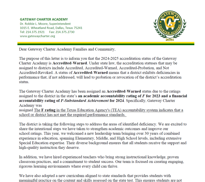 2024-2025 TEA School Rating Letter