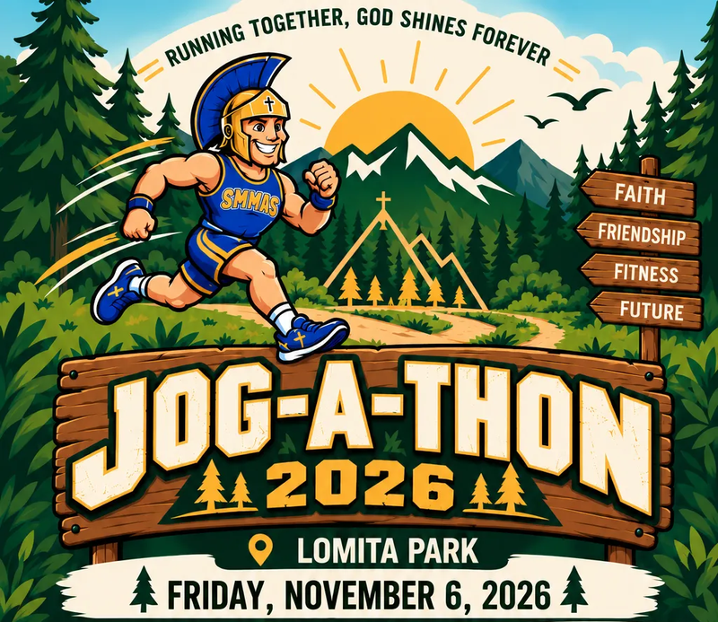 2026 jog a thon promo with spartan mascot in the trees running