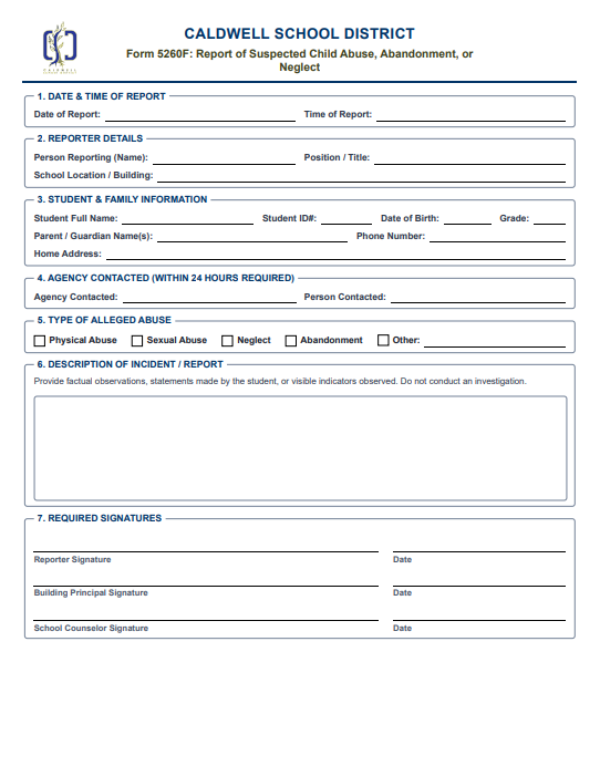 Form 5260F: Report of suspected Child Abuse, Abandonment, or Neglect