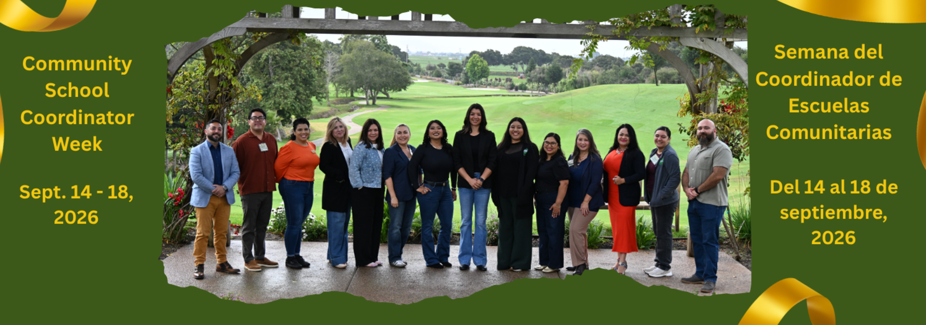 Alisal Community School Coordinators, fourteen men and women, standing under a canopy in front of a golf course