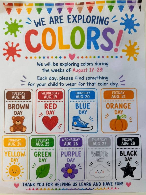 colorful poster listing the dates for Kindergarten Color Days