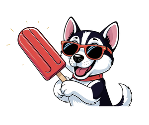 A happy cartoon dog wearing sunglasses holds a red popsicle.