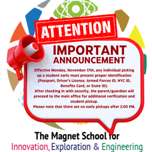 school logo with bullhorn for early student pick up announcement