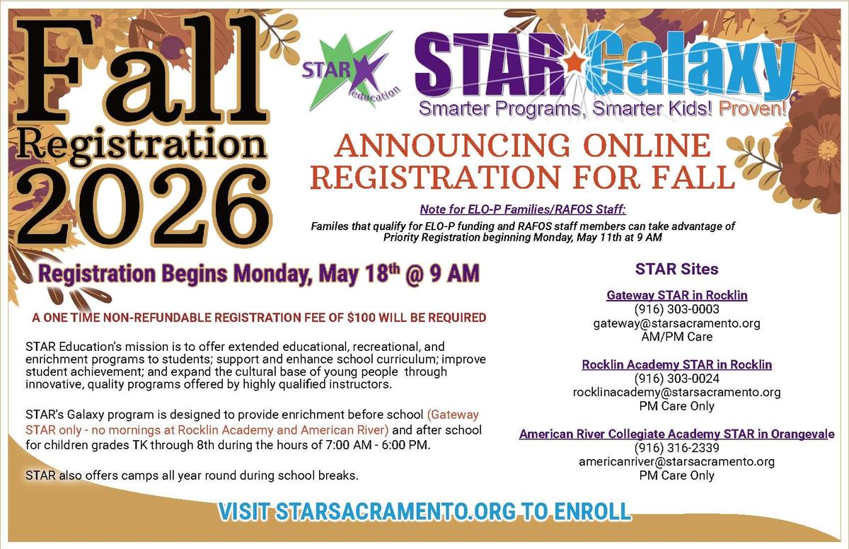 2026 Star Galaxy Fall registration flyer for star