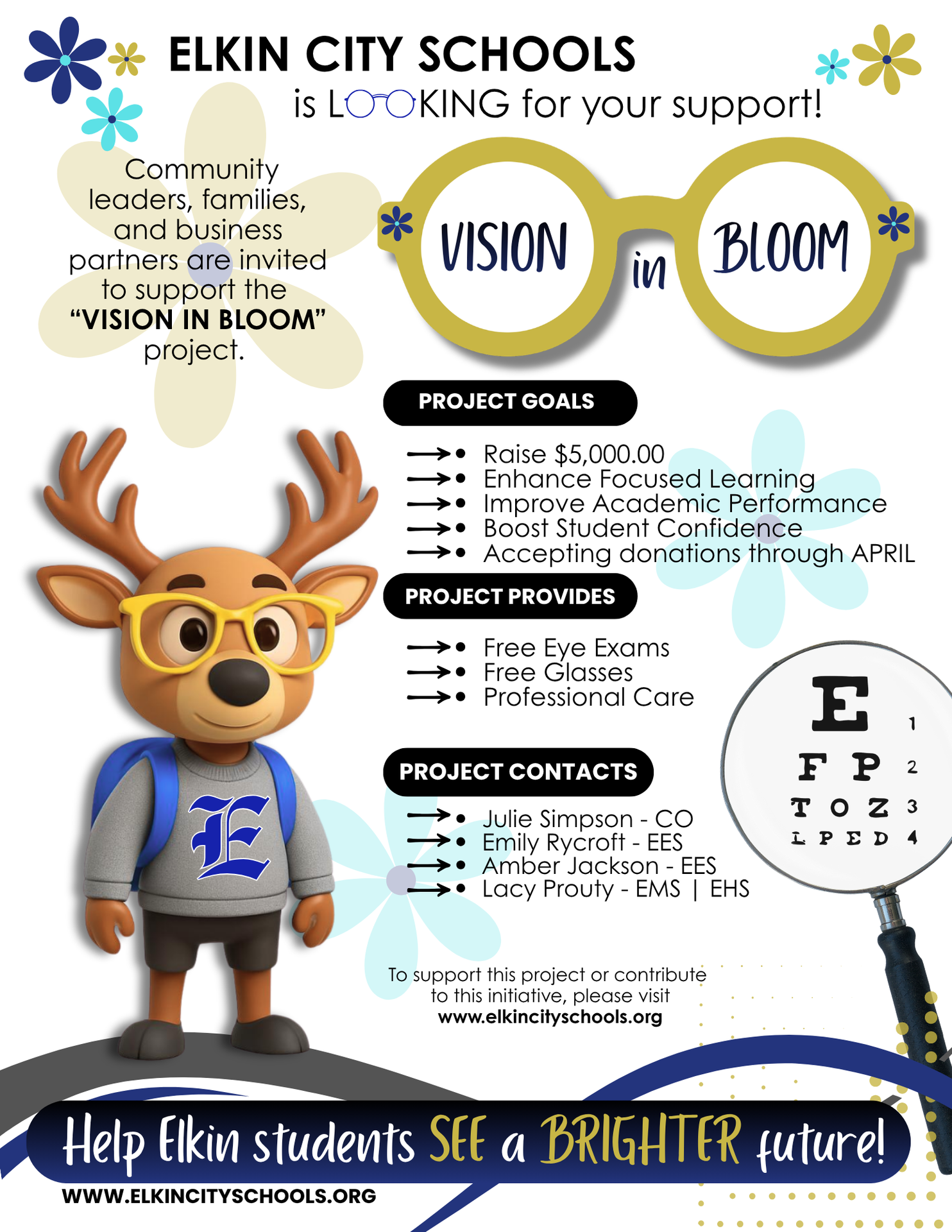 Flyer to raise $5,000, free eye exams and glasses for ECS Students.