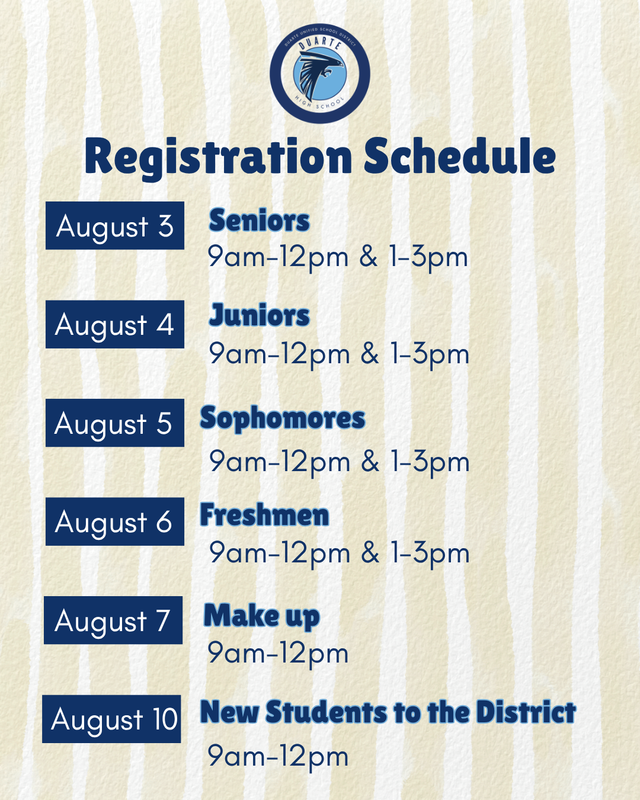 Registration schedule for seniors, juniors, sophomores, freshmen, and new students.