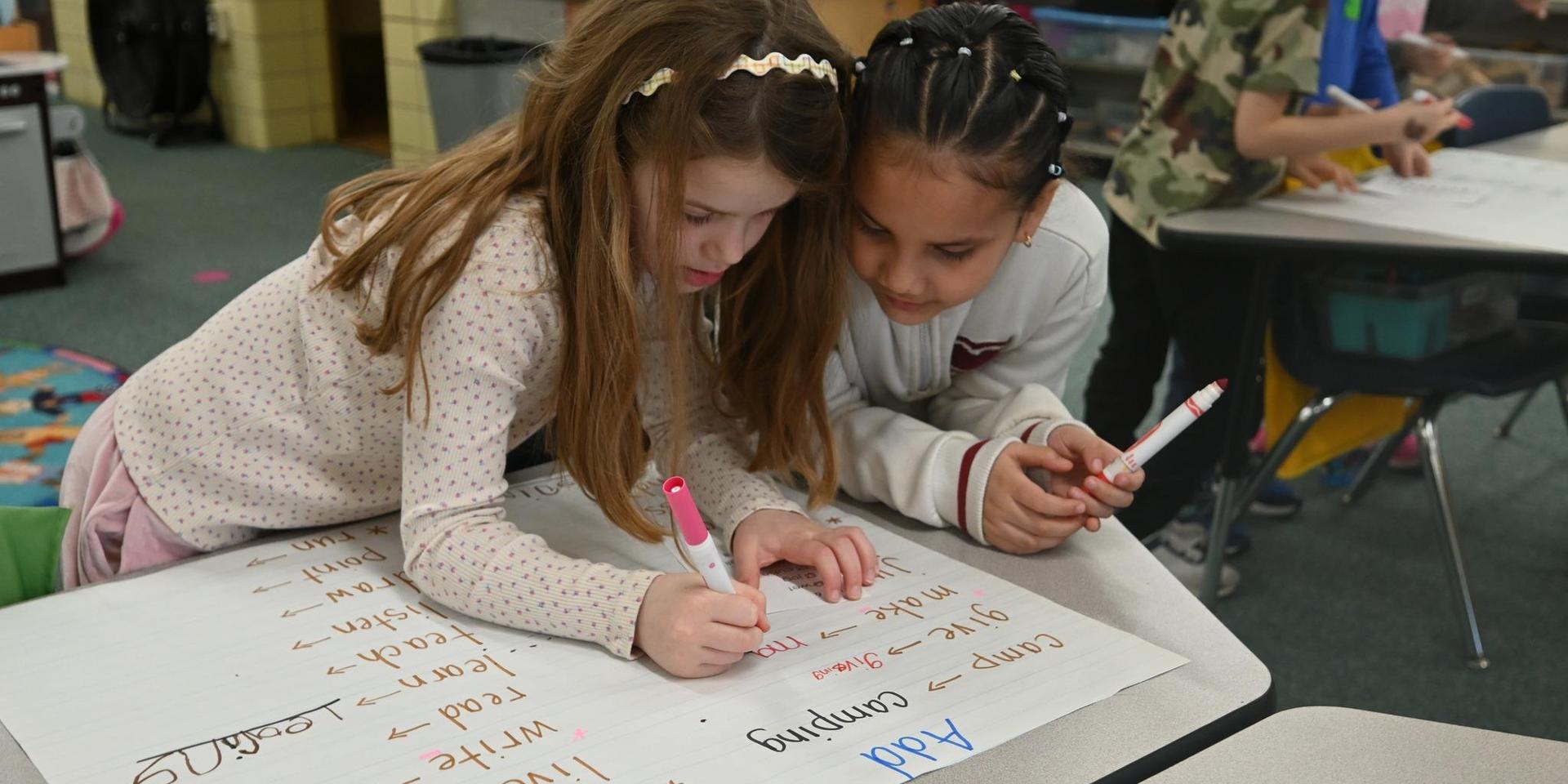 Two girls collaborating on a large poster with markers in a classroom.