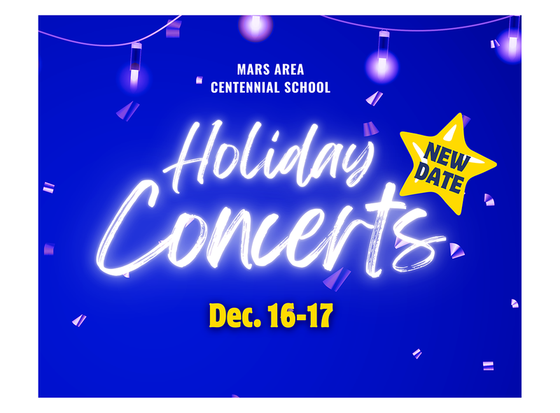 A festive blue background with white letters.